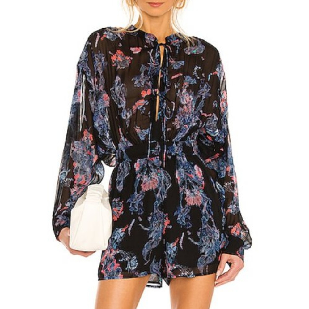 IRO Primarose Peacock Print Sheer Romper in Black Multicolor Womens Size 4